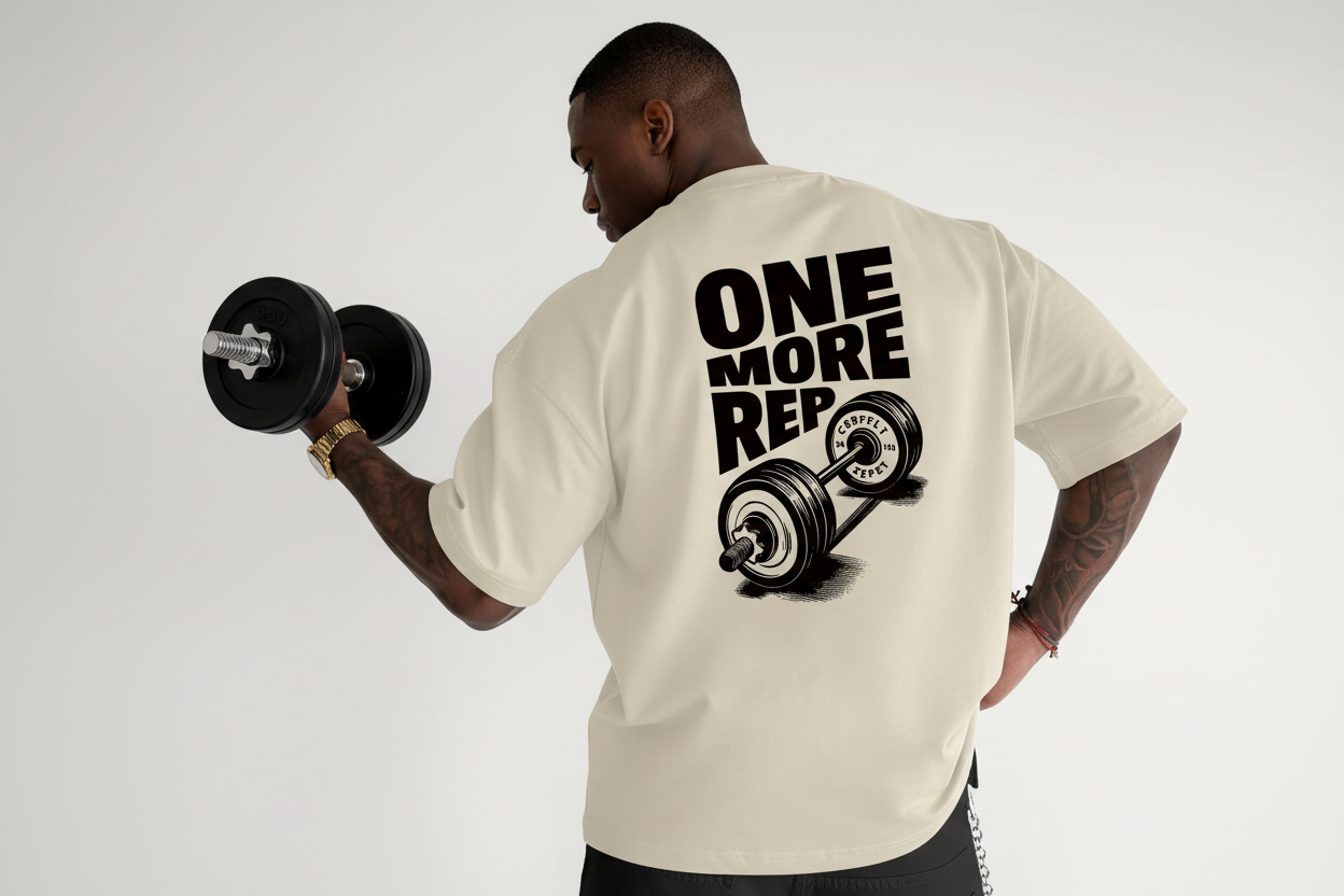 Black man wearing One More Rep t-shirt